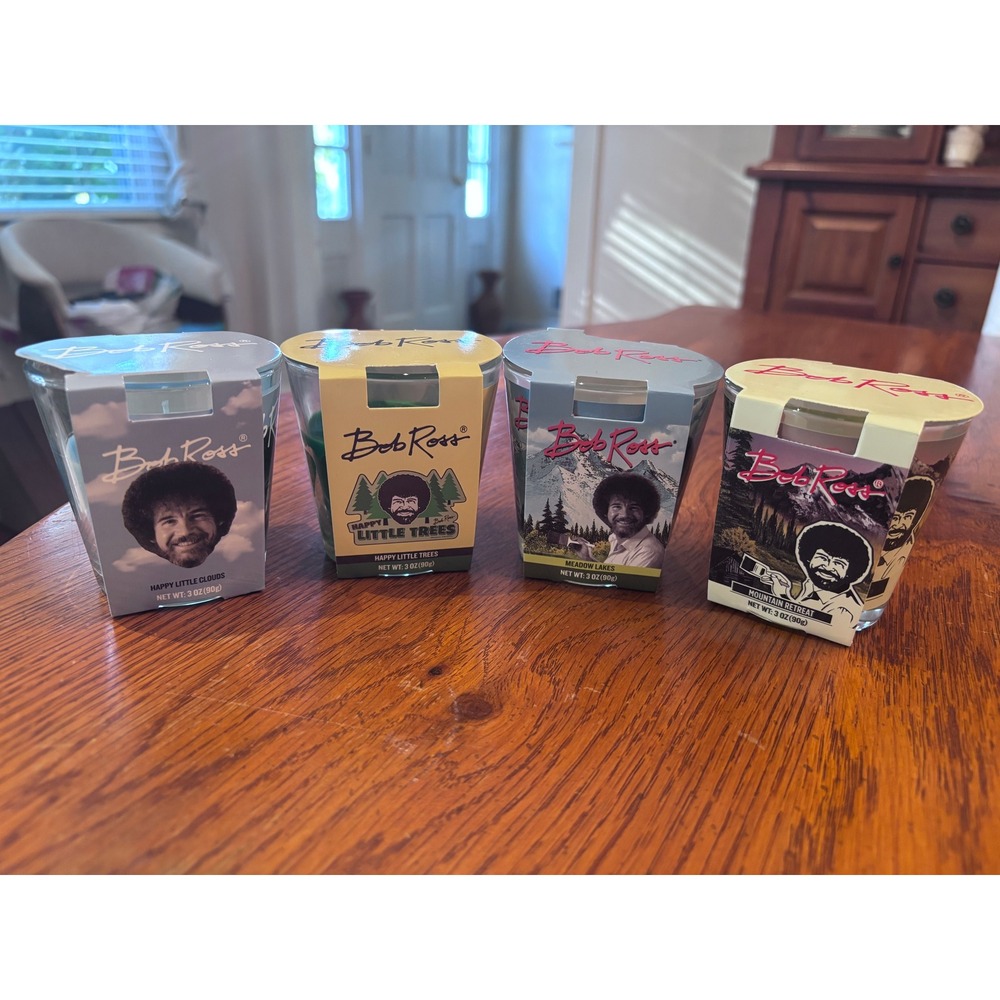 Bob Ross Scented Candle Set 4 Pack Happy Little Trees Clouds Meadow Mountain 3oz